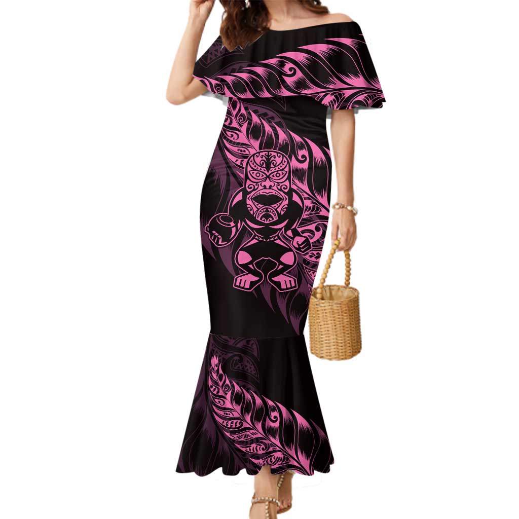 New Zealand Lawn Bowls Custom Family Matching Mermaid Dress and Hawaiian Shirt Pink Maori Warrior Tribal Silver Fern LT9 Mom's Dress Pink - Polynesian Pride