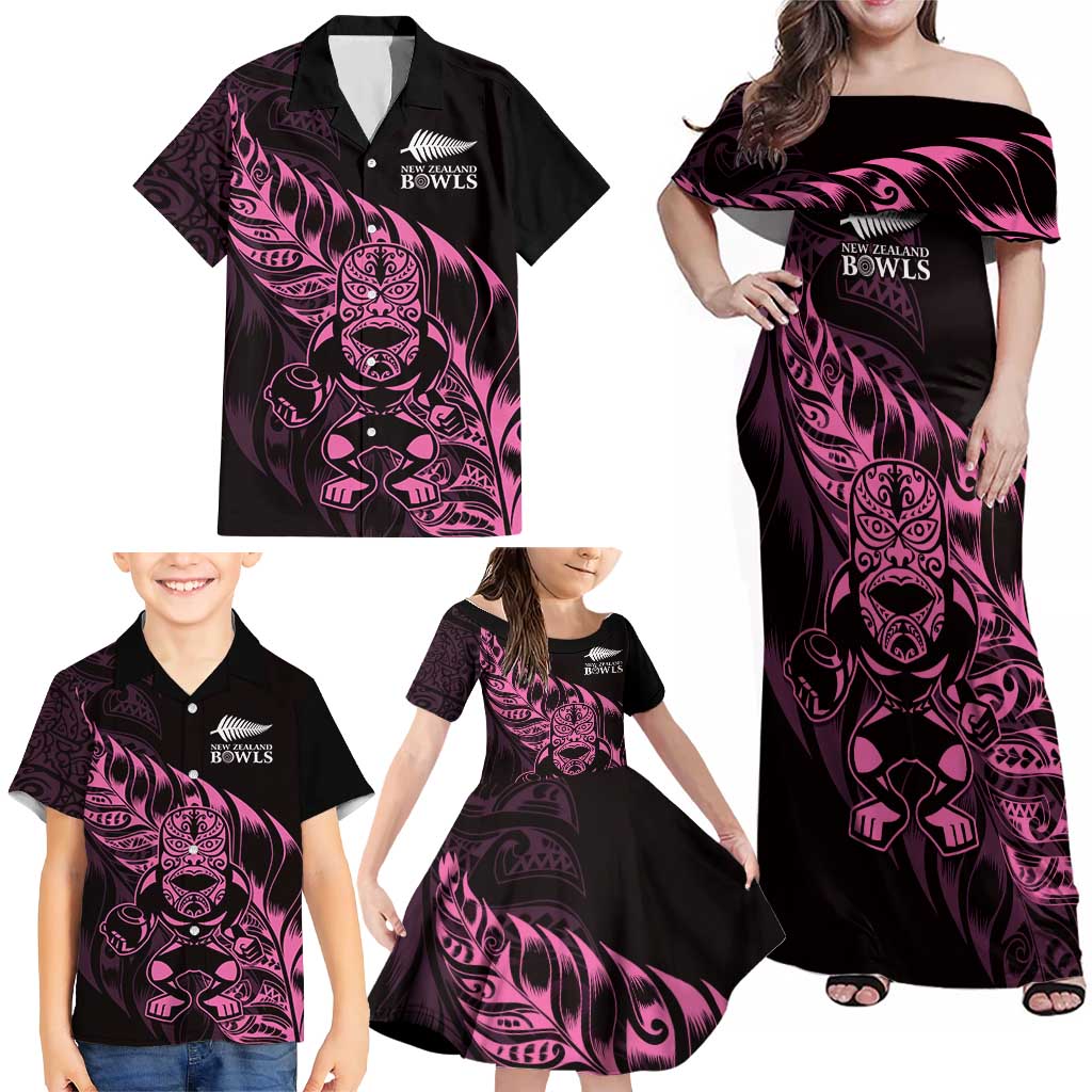 New Zealand Lawn Bowls Custom Family Matching Off Shoulder Maxi Dress and Hawaiian Shirt Pink Maori Warrior Tribal Silver Fern LT9 - Polynesian Pride