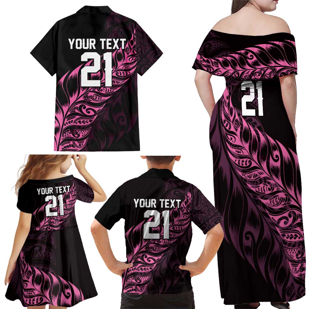 New Zealand Lawn Bowls Custom Family Matching Off Shoulder Maxi Dress and Hawaiian Shirt Pink Maori Warrior Tribal Silver Fern LT9 - Polynesian Pride