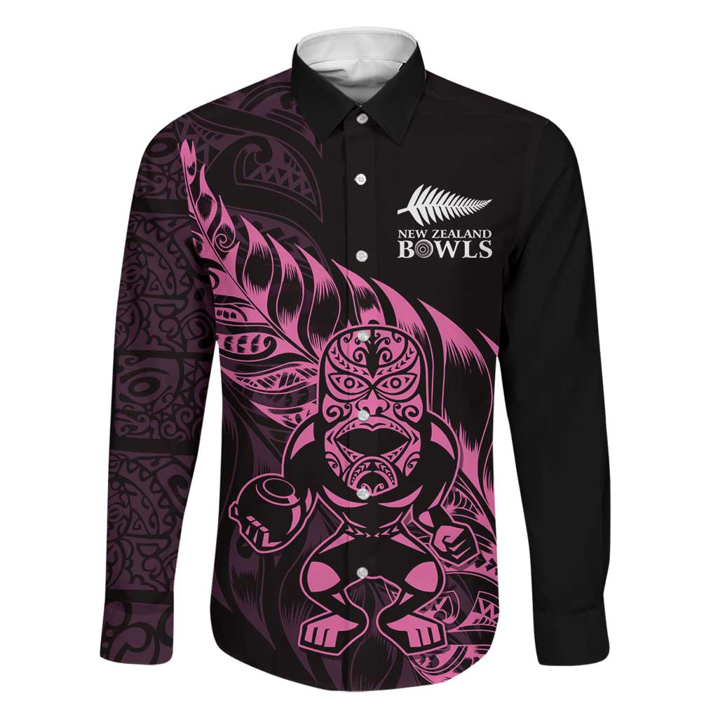 New Zealand Lawn Bowls Custom Family Matching Off Shoulder Maxi Dress and Hawaiian Shirt Pink Maori Warrior Tribal Silver Fern LT9 Dad's Shirt - Long Sleeve Pink - Polynesian Pride