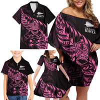 New Zealand Lawn Bowls Custom Family Matching Off Shoulder Short Dress and Hawaiian Shirt Pink Maori Warrior Tribal Silver Fern LT9 - Polynesian Pride
