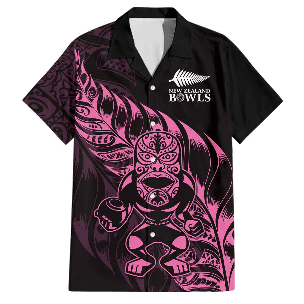 New Zealand Lawn Bowls Custom Family Matching Off Shoulder Short Dress and Hawaiian Shirt Pink Maori Warrior Tribal Silver Fern LT9 Dad's Shirt - Short Sleeve Pink - Polynesian Pride