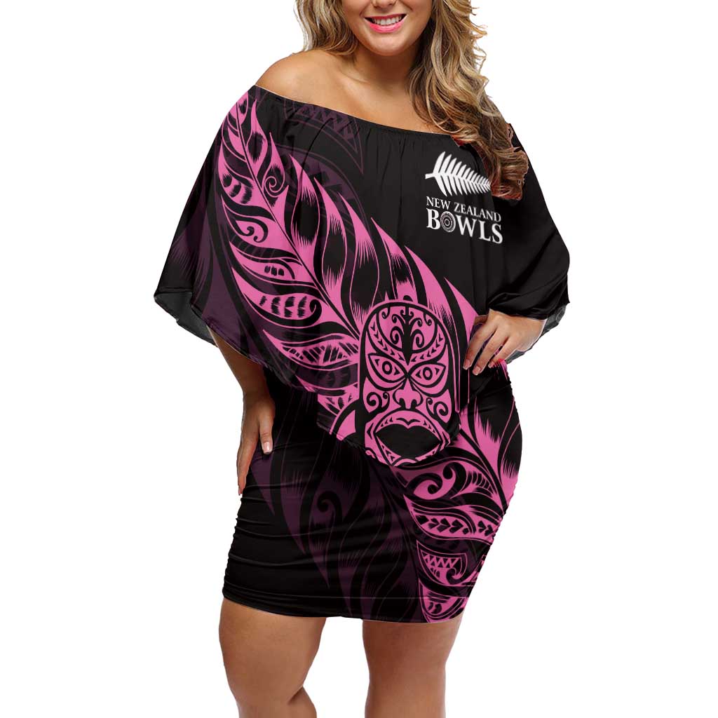 New Zealand Lawn Bowls Custom Family Matching Off Shoulder Short Dress and Hawaiian Shirt Pink Maori Warrior Tribal Silver Fern LT9 Mom's Dress Pink - Polynesian Pride