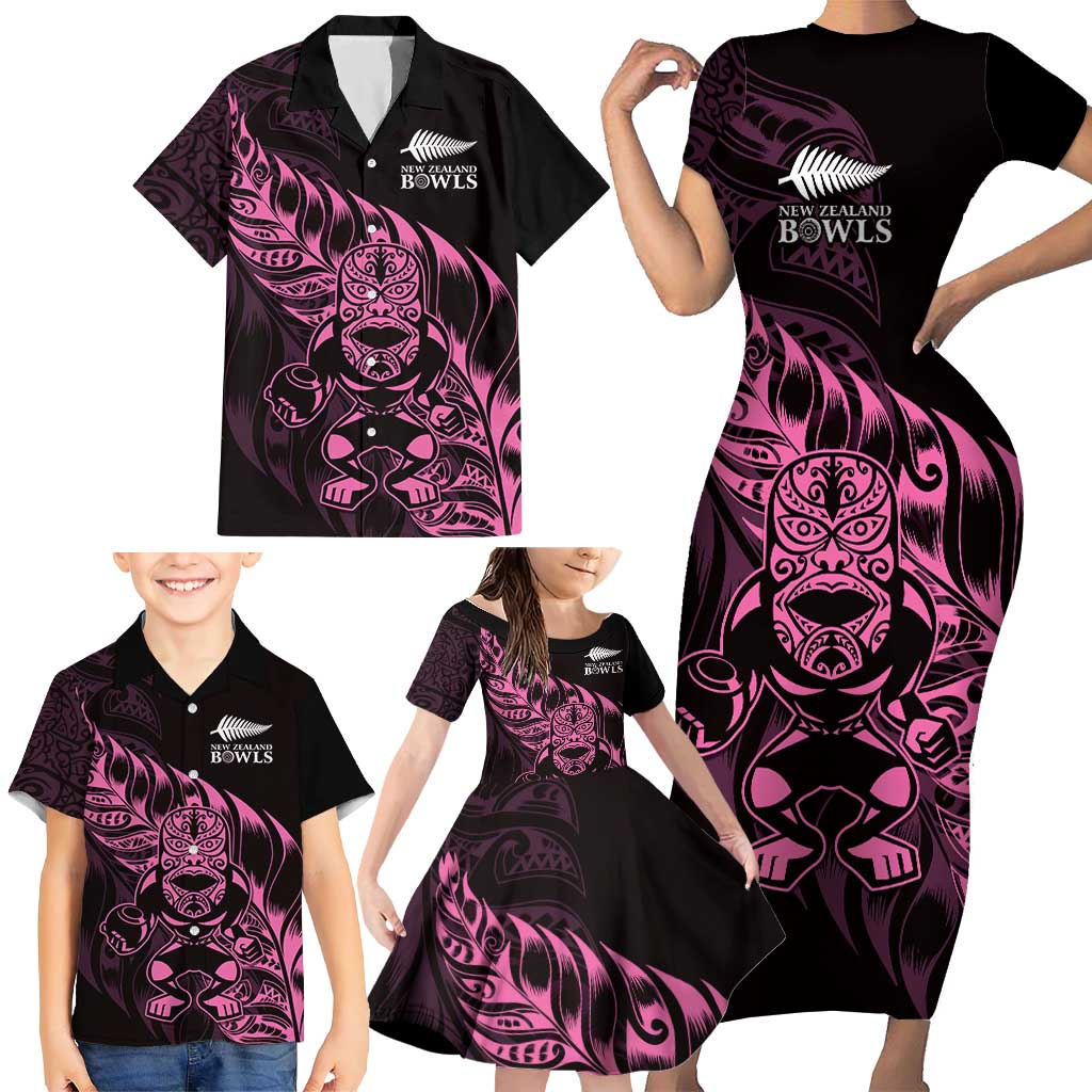 New Zealand Lawn Bowls Custom Family Matching Short Sleeve Bodycon Dress and Hawaiian Shirt Pink Maori Warrior Tribal Silver Fern LT9 - Polynesian Pride