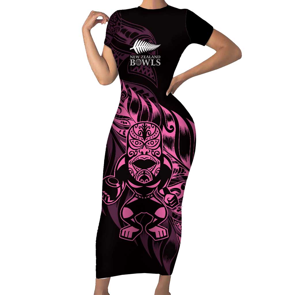New Zealand Lawn Bowls Custom Family Matching Short Sleeve Bodycon Dress and Hawaiian Shirt Pink Maori Warrior Tribal Silver Fern LT9 Mom's Dress Pink - Polynesian Pride