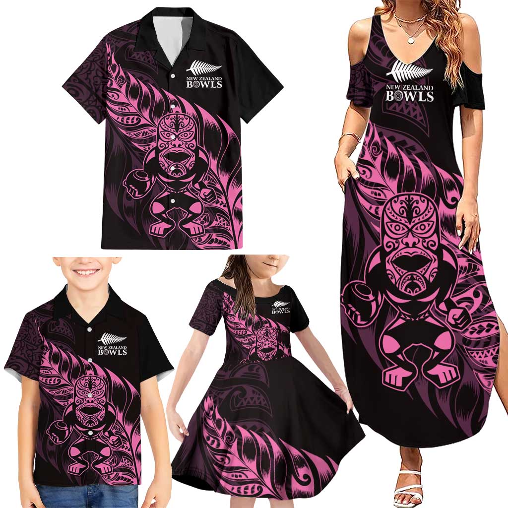New Zealand Lawn Bowls Custom Family Matching Summer Maxi Dress and Hawaiian Shirt Pink Maori Warrior Tribal Silver Fern LT9 - Polynesian Pride