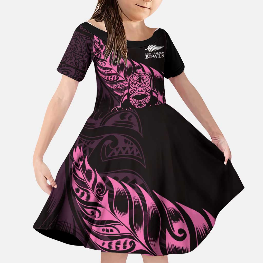 New Zealand Lawn Bowls Custom Family Matching Tank Maxi Dress and Hawaiian Shirt Pink Maori Warrior Tribal Silver Fern LT9 Daughter's Dress Pink - Polynesian Pride