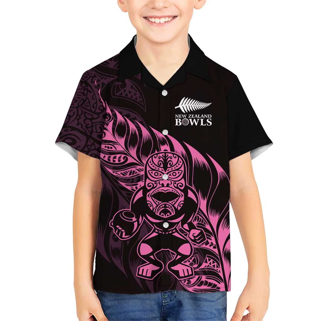 New Zealand Lawn Bowls Custom Kid Hawaiian Shirt Pink Maori Warrior Tribal Silver Fern LT9 Kid Pink - Polynesian Pride