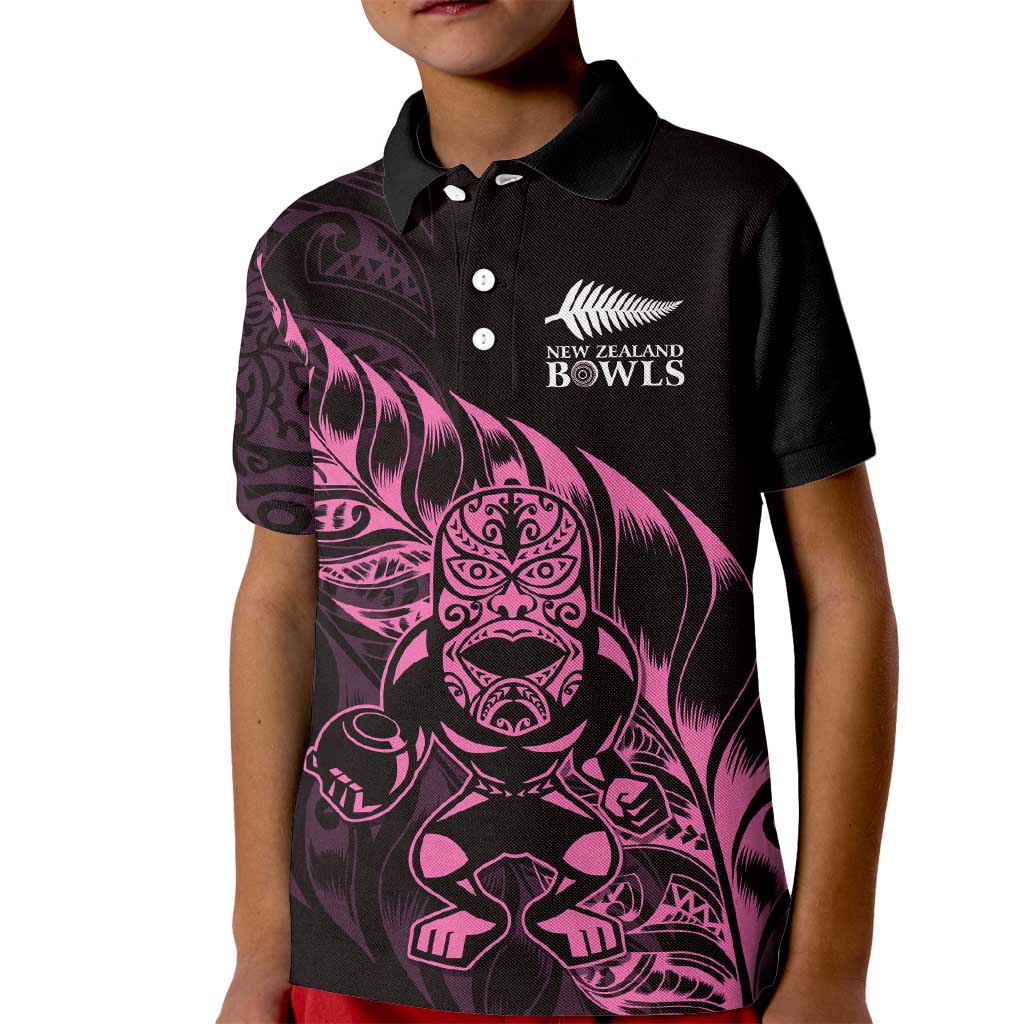 New Zealand Lawn Bowls Custom Kid Polo Shirt Pink Maori Warrior Tribal Silver Fern LT9 Kid Pink - Polynesian Pride
