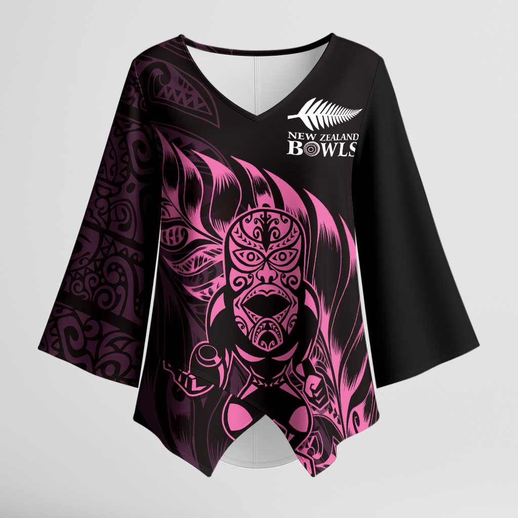 New Zealand Lawn Bowls Custom Kimono Sleeve Blouse Pink Maori Warrior Tribal Silver Fern LT9 Female Pink - Polynesian Pride