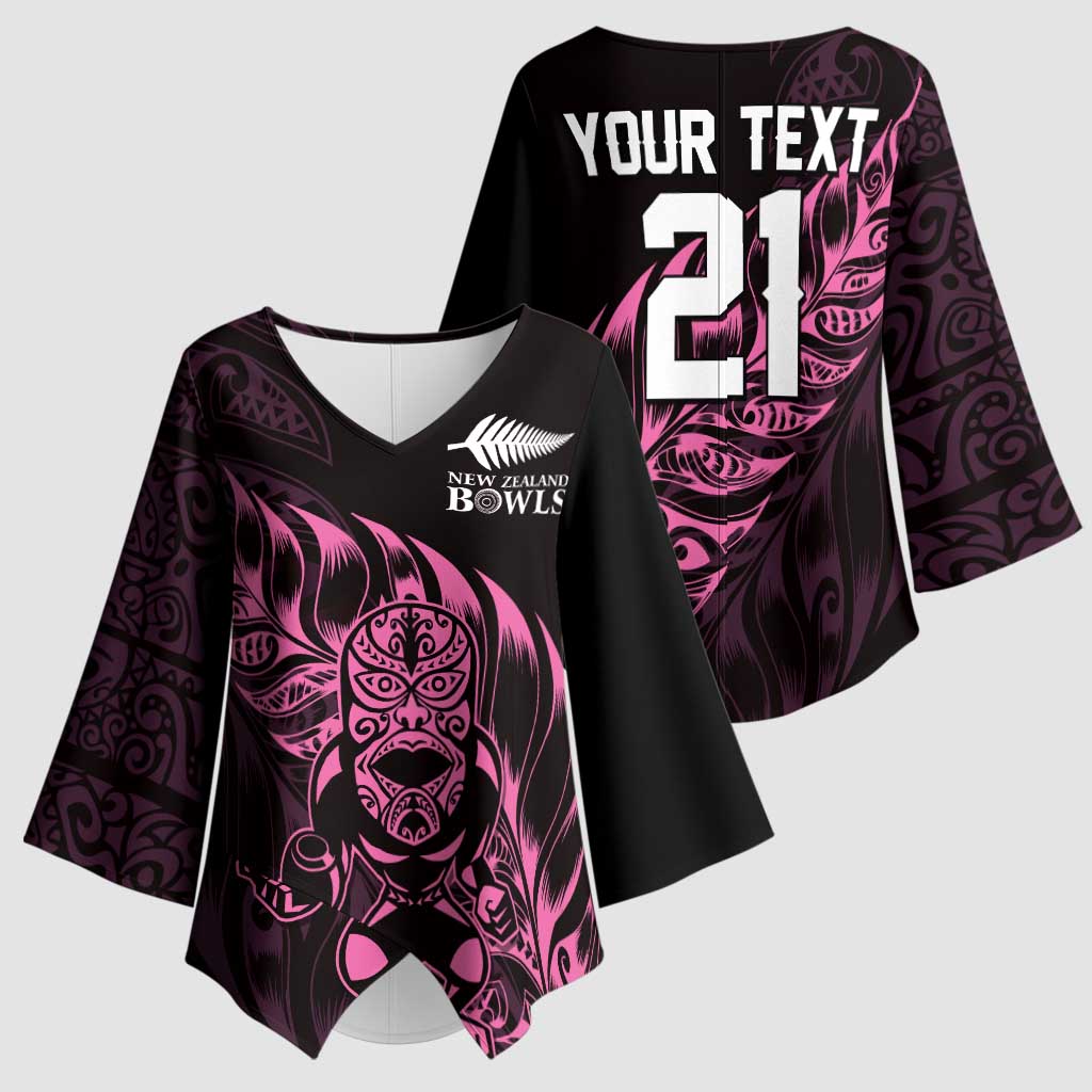 New Zealand Lawn Bowls Custom Kimono Sleeve Blouse Pink Maori Warrior Tribal Silver Fern LT9 - Polynesian Pride