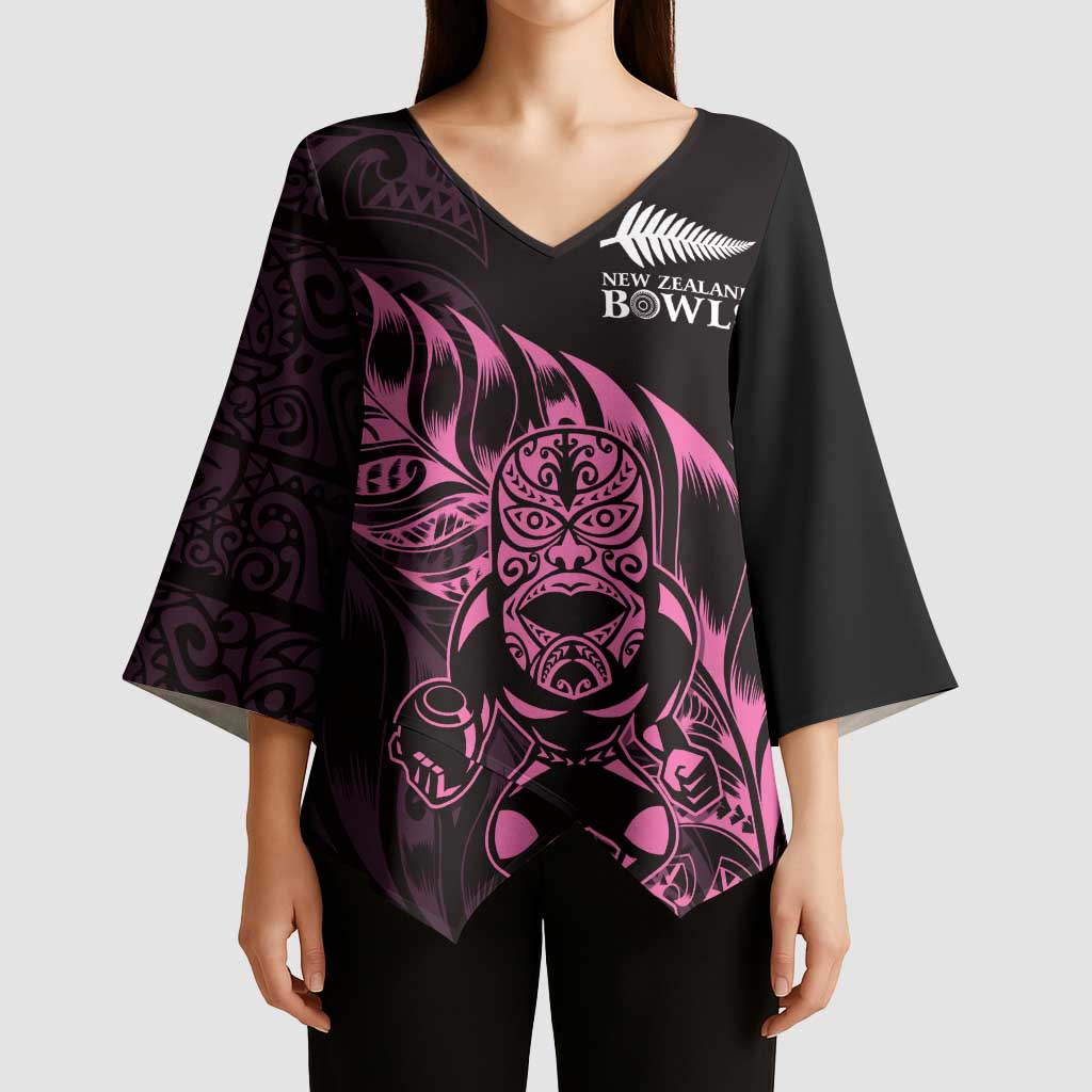 New Zealand Lawn Bowls Custom Kimono Sleeve Blouse Pink Maori Warrior Tribal Silver Fern LT9 - Polynesian Pride