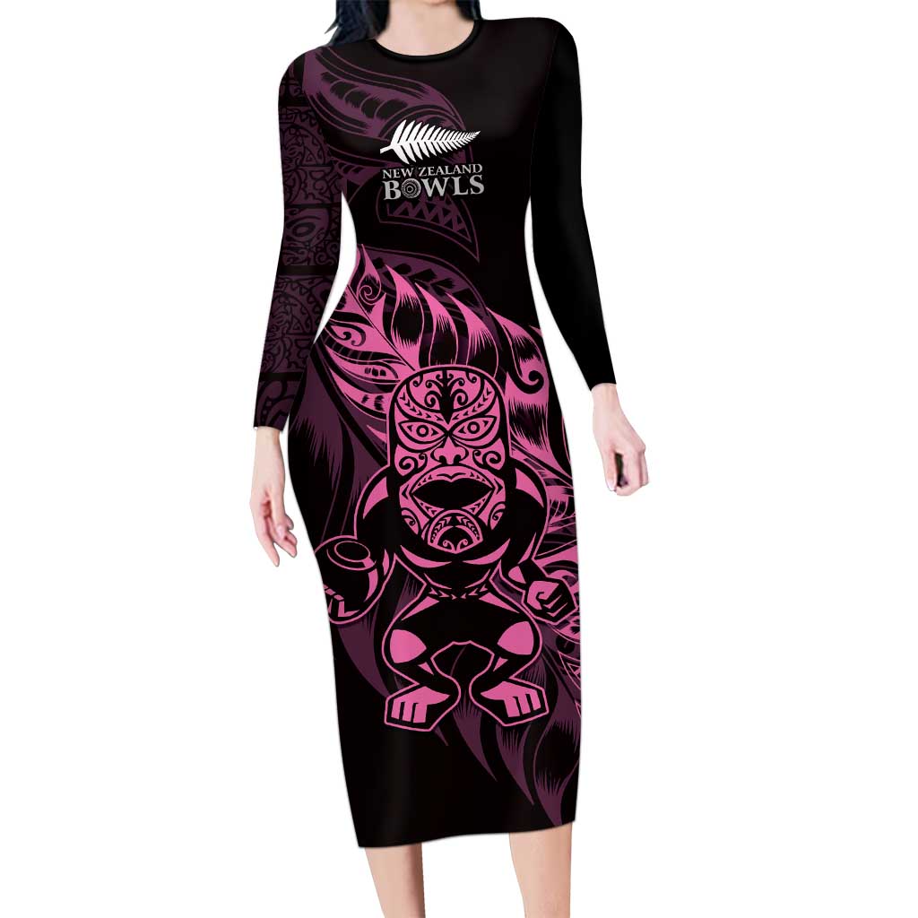 New Zealand Lawn Bowls Custom Long Sleeve Bodycon Dress Pink Maori Warrior Tribal Silver Fern LT9 Long Dress Pink - Polynesian Pride
