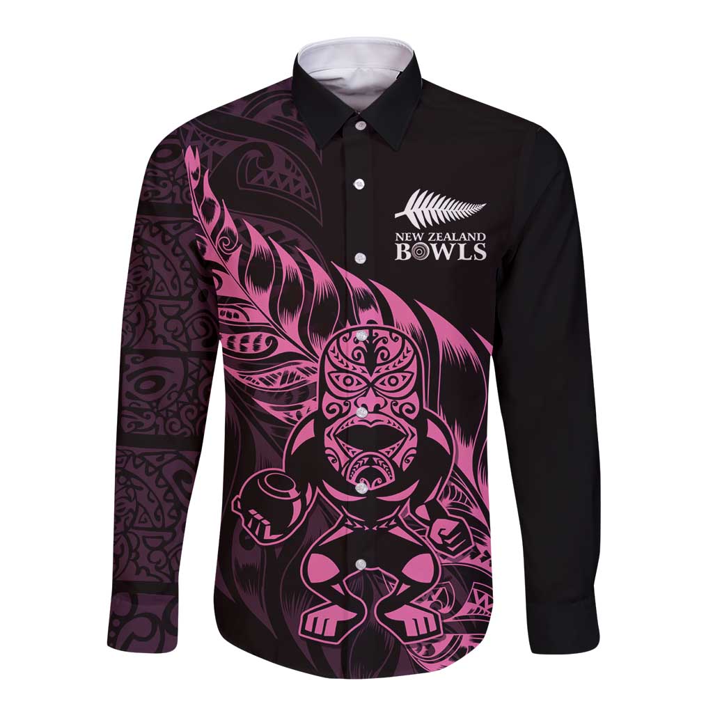New Zealand Lawn Bowls Custom Long Sleeve Button Shirt Pink Maori Warrior Tribal Silver Fern LT9 Unisex Pink - Polynesian Pride