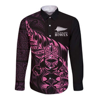 New Zealand Lawn Bowls Custom Long Sleeve Button Shirt Pink Maori Warrior Tribal Silver Fern LT9 Unisex Pink - Polynesian Pride