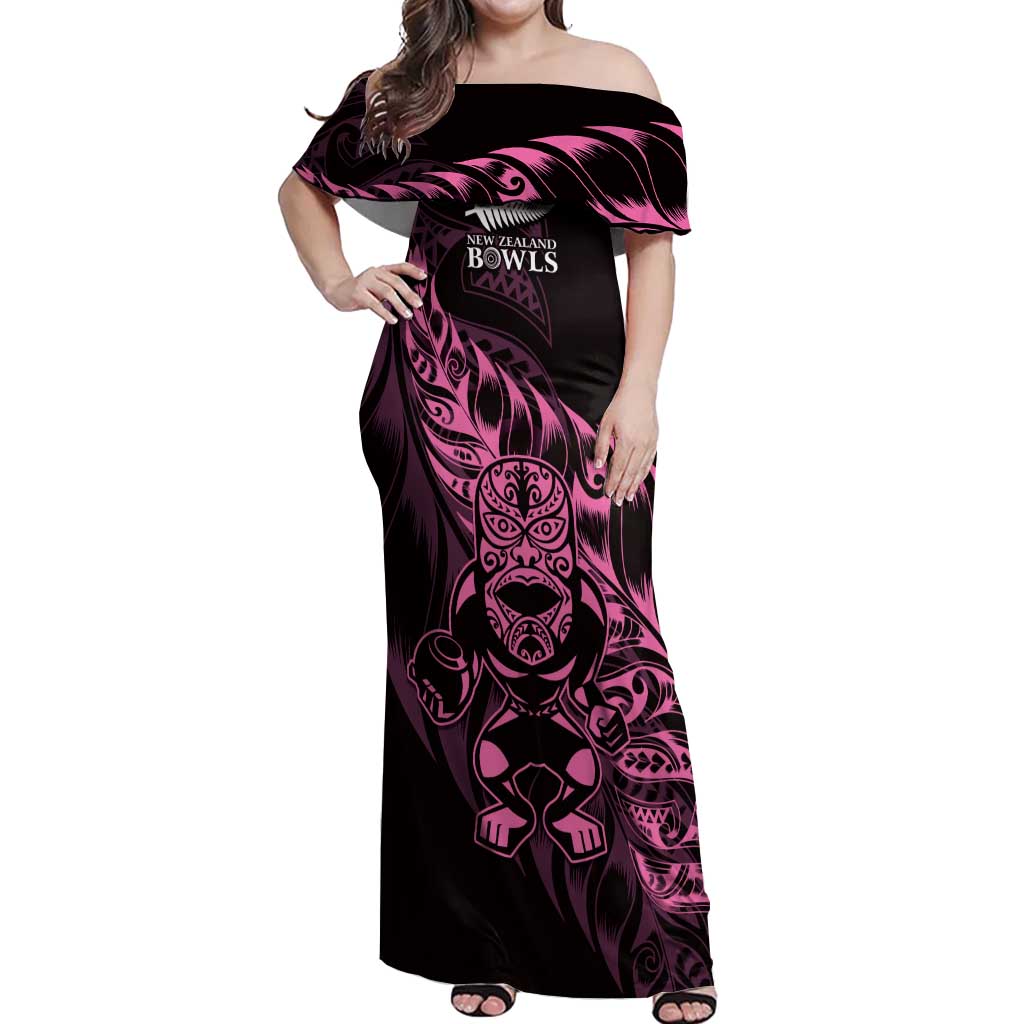 New Zealand Lawn Bowls Custom Off Shoulder Maxi Dress Pink Maori Warrior Tribal Silver Fern LT9 Women Pink - Polynesian Pride