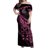 New Zealand Lawn Bowls Custom Off Shoulder Maxi Dress Pink Maori Warrior Tribal Silver Fern LT9 Women Pink - Polynesian Pride
