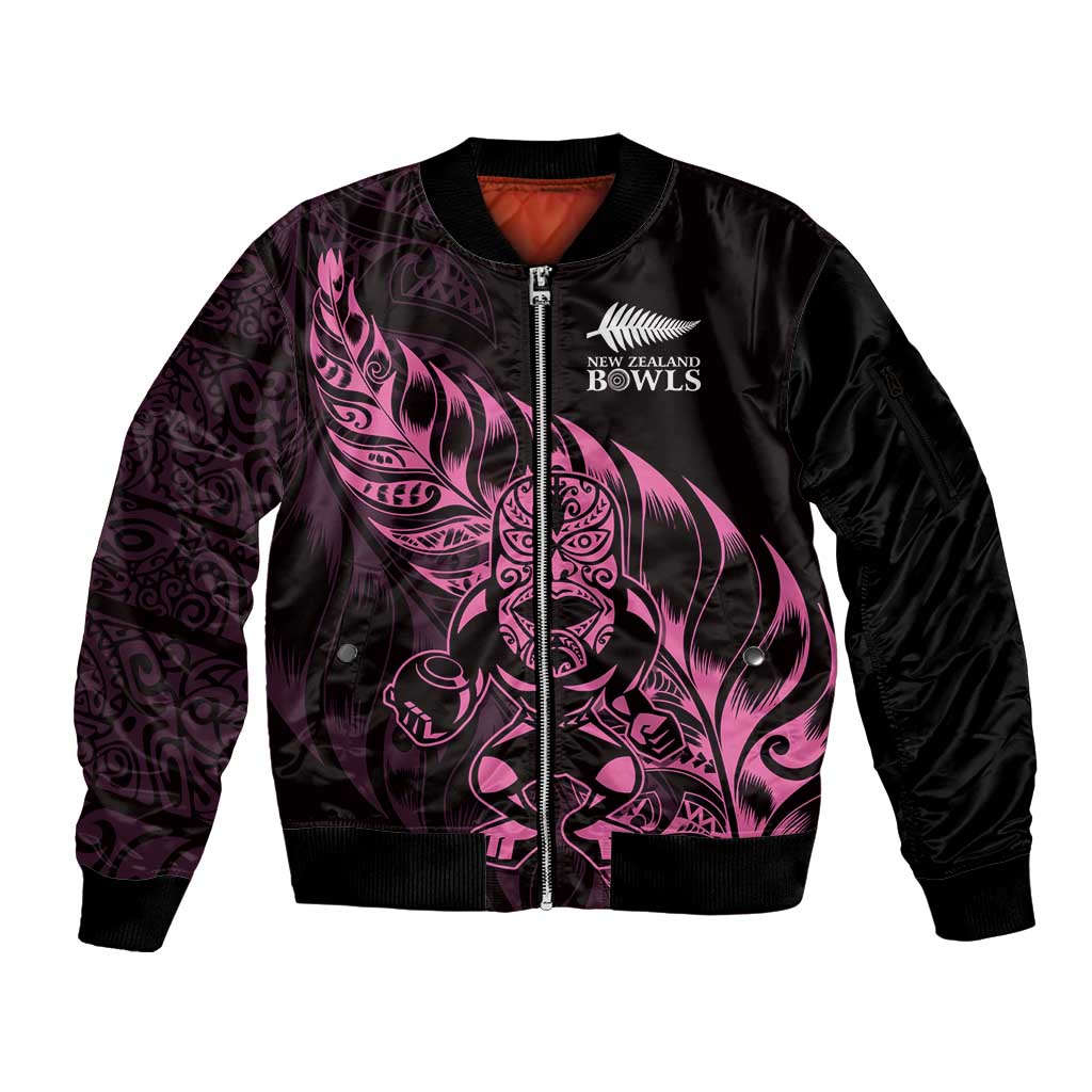 New Zealand Lawn Bowls Custom Sleeve Zip Bomber Jacket Pink Maori Warrior Tribal Silver Fern LT9 Unisex Pink - Polynesian Pride