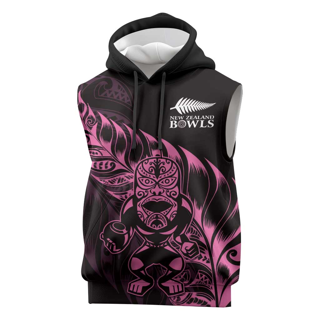 New Zealand Lawn Bowls Custom Sleeveless Hoodie Pink Maori Warrior Tribal Silver Fern LT9 Pink - Polynesian Pride