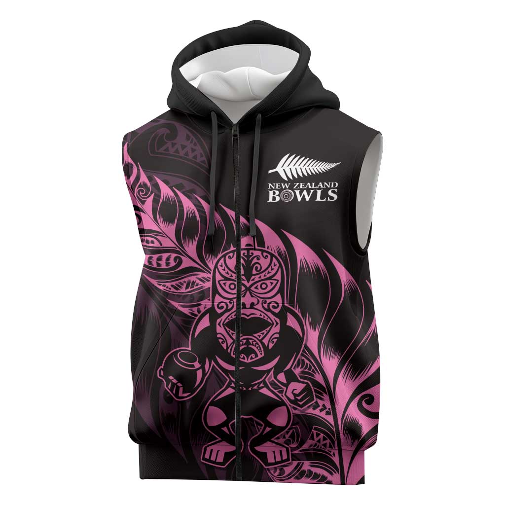 New Zealand Lawn Bowls Custom Sleeveless Zip Hoodie Pink Maori Warrior Tribal Silver Fern LT9 Pink - Polynesian Pride