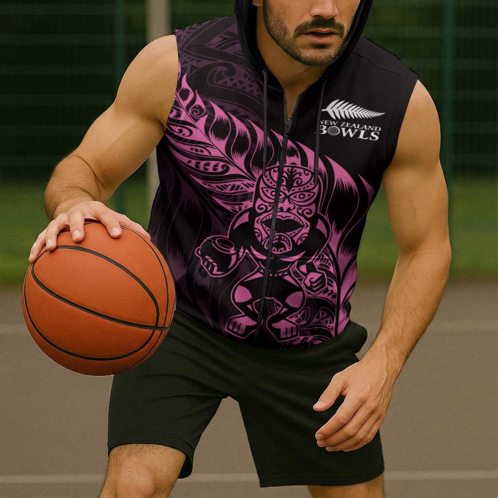 New Zealand Lawn Bowls Custom Sleeveless Zip Hoodie Pink Maori Warrior Tribal Silver Fern LT9 - Polynesian Pride
