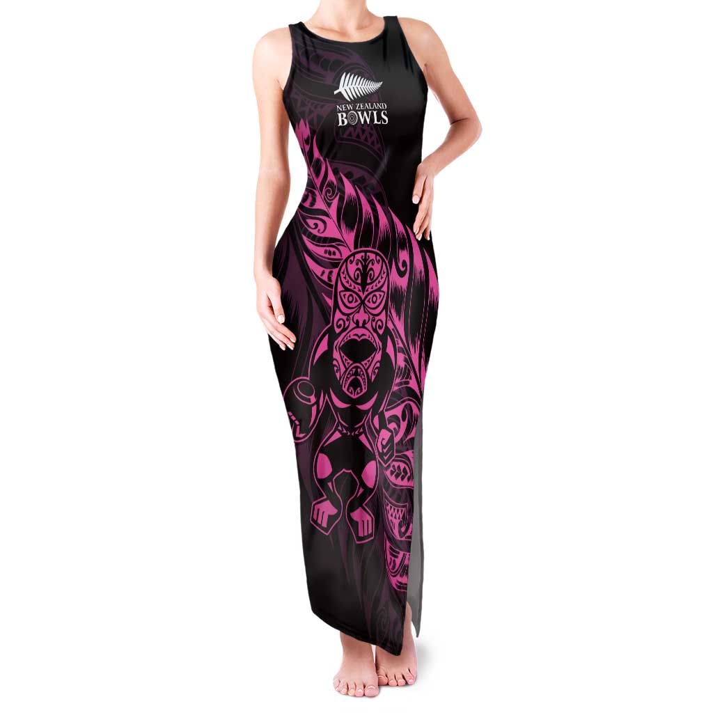 New Zealand Lawn Bowls Custom Tank Maxi Dress Pink Maori Warrior Tribal Silver Fern LT9 Women Pink - Polynesian Pride
