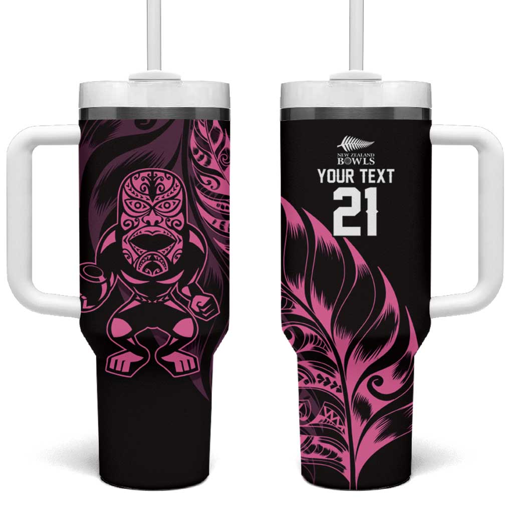 New Zealand Lawn Bowls Custom Tumbler With Handle Pink Maori Warrior Tribal Silver Fern LT9 One Size: 40 oz Pink - Polynesian Pride