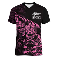 New Zealand Lawn Bowls Custom Women V-Neck T-Shirt Pink Maori Warrior Tribal Silver Fern LT9 Female Pink - Polynesian Pride