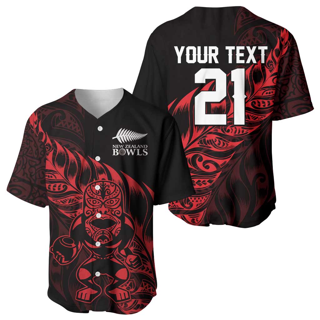 New Zealand Lawn Bowls Custom Baseball Jersey Red Maori Warrior Tribal Silver Fern - Polynesian Pride