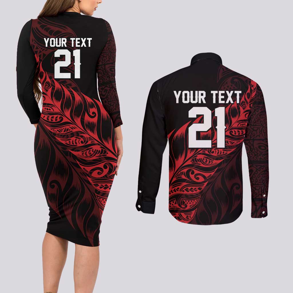 New Zealand Lawn Bowls Custom Couples Matching Long Sleeve Bodycon Dress and Long Sleeve Button Shirt Red Maori Warrior Tribal Silver Fern LT9 - Polynesian Pride