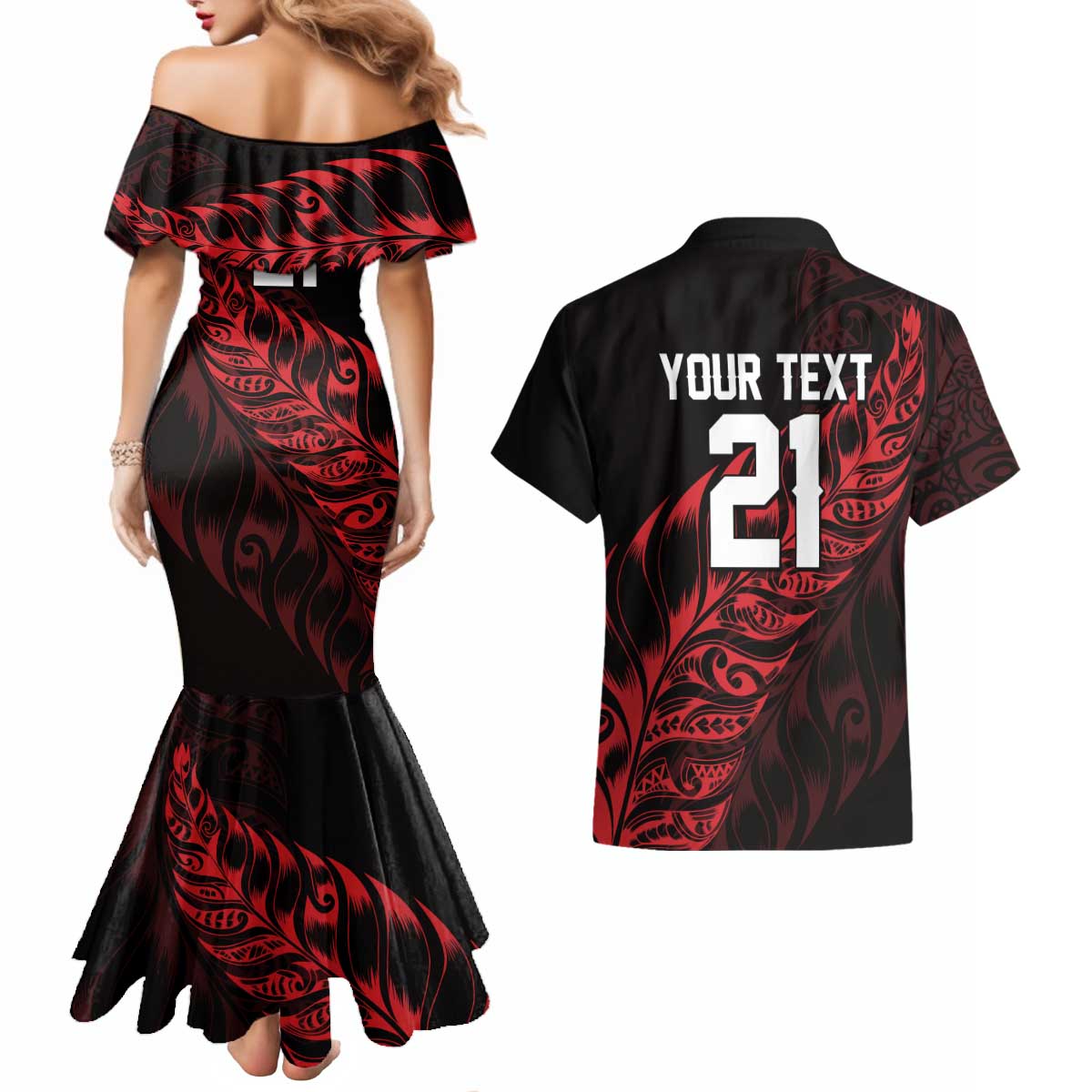 New Zealand Lawn Bowls Custom Couples Matching Mermaid Dress and Hawaiian Shirt Red Maori Warrior Tribal Silver Fern LT9 - Polynesian Pride
