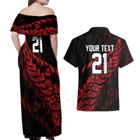 New Zealand Lawn Bowls Custom Couples Matching Off Shoulder Maxi Dress and Hawaiian Shirt Red Maori Warrior Tribal Silver Fern LT9 - Polynesian Pride