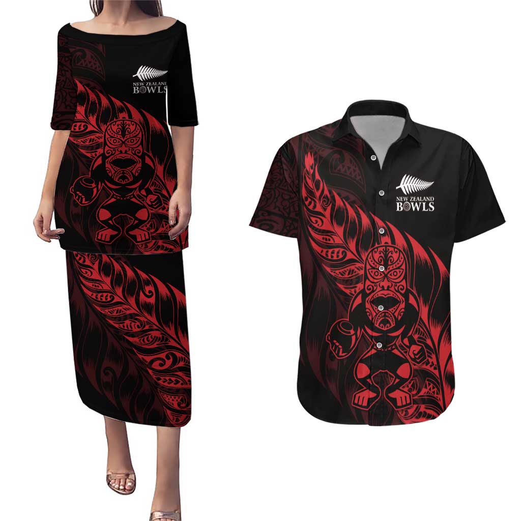 New Zealand Lawn Bowls Custom Couples Matching Puletasi and Hawaiian Shirt Red Maori Warrior Tribal Silver Fern - Polynesian Pride