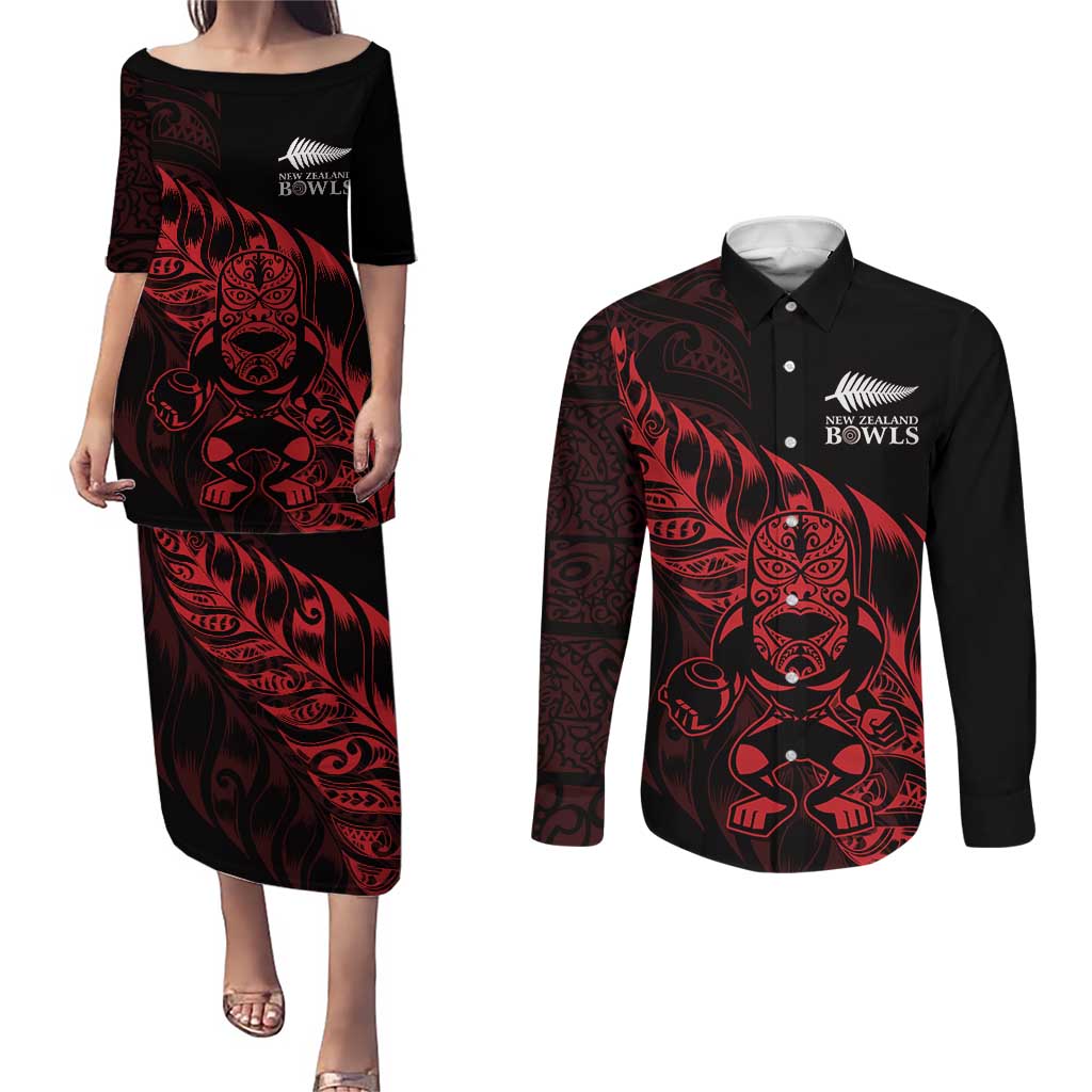 New Zealand Lawn Bowls Custom Couples Matching Puletasi and Long Sleeve Button Shirt Red Maori Warrior Tribal Silver Fern - Polynesian Pride