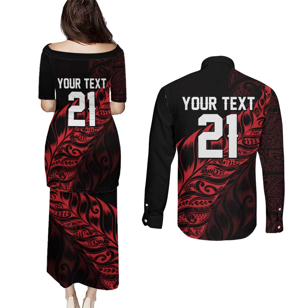 New Zealand Lawn Bowls Custom Couples Matching Puletasi and Long Sleeve Button Shirt Red Maori Warrior Tribal Silver Fern LT9 - Polynesian Pride