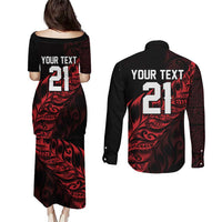 New Zealand Lawn Bowls Custom Couples Matching Puletasi and Long Sleeve Button Shirt Red Maori Warrior Tribal Silver Fern LT9 - Polynesian Pride