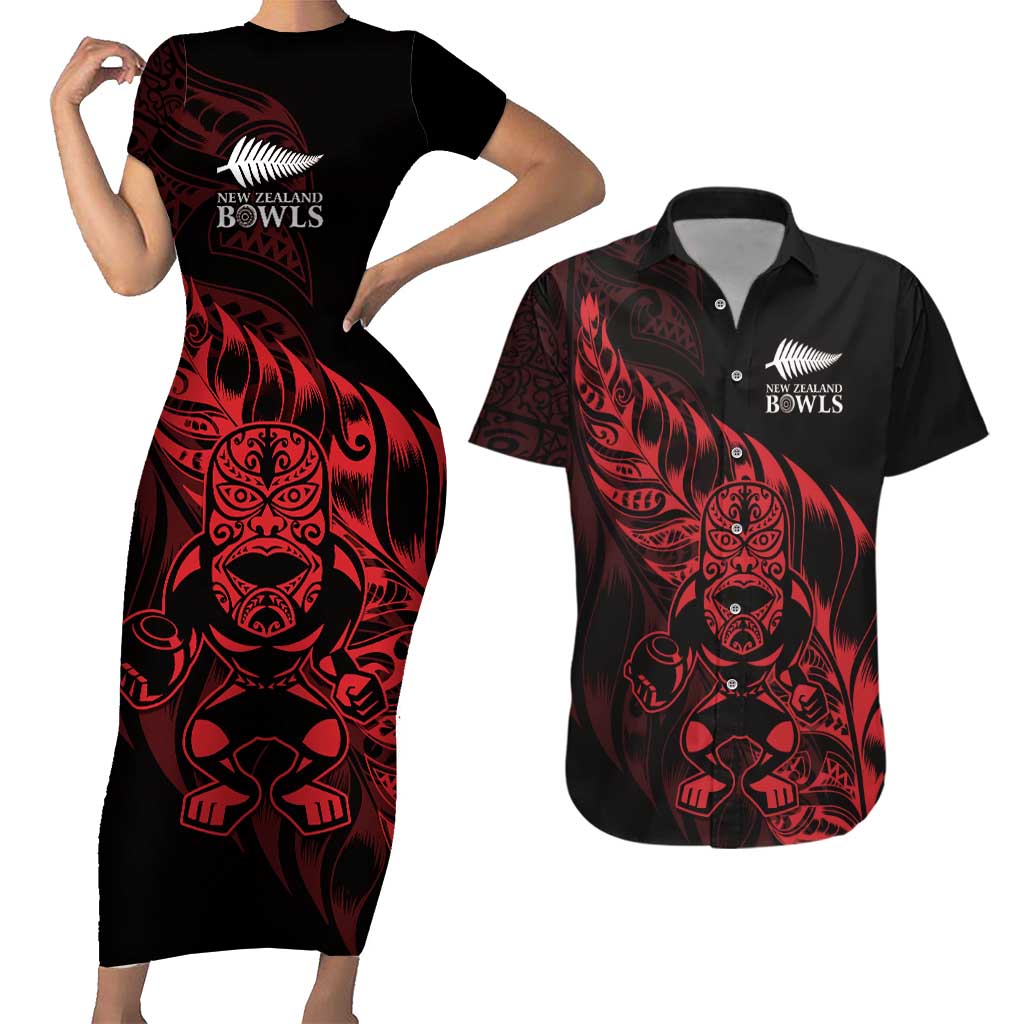 New Zealand Lawn Bowls Custom Couples Matching Short Sleeve Bodycon Dress and Hawaiian Shirt Red Maori Warrior Tribal Silver Fern LT9 Red - Polynesian Pride