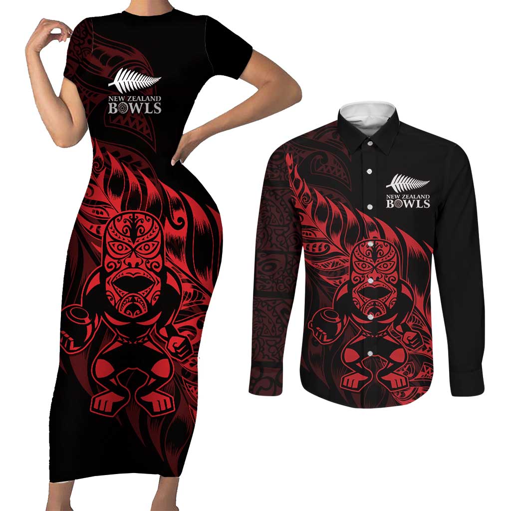 New Zealand Lawn Bowls Custom Couples Matching Short Sleeve Bodycon Dress and Long Sleeve Button Shirt Red Maori Warrior Tribal Silver Fern LT9 Red - Polynesian Pride