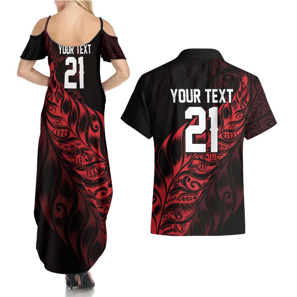 New Zealand Lawn Bowls Custom Couples Matching Summer Maxi Dress and Hawaiian Shirt Red Maori Warrior Tribal Silver Fern LT9 - Polynesian Pride