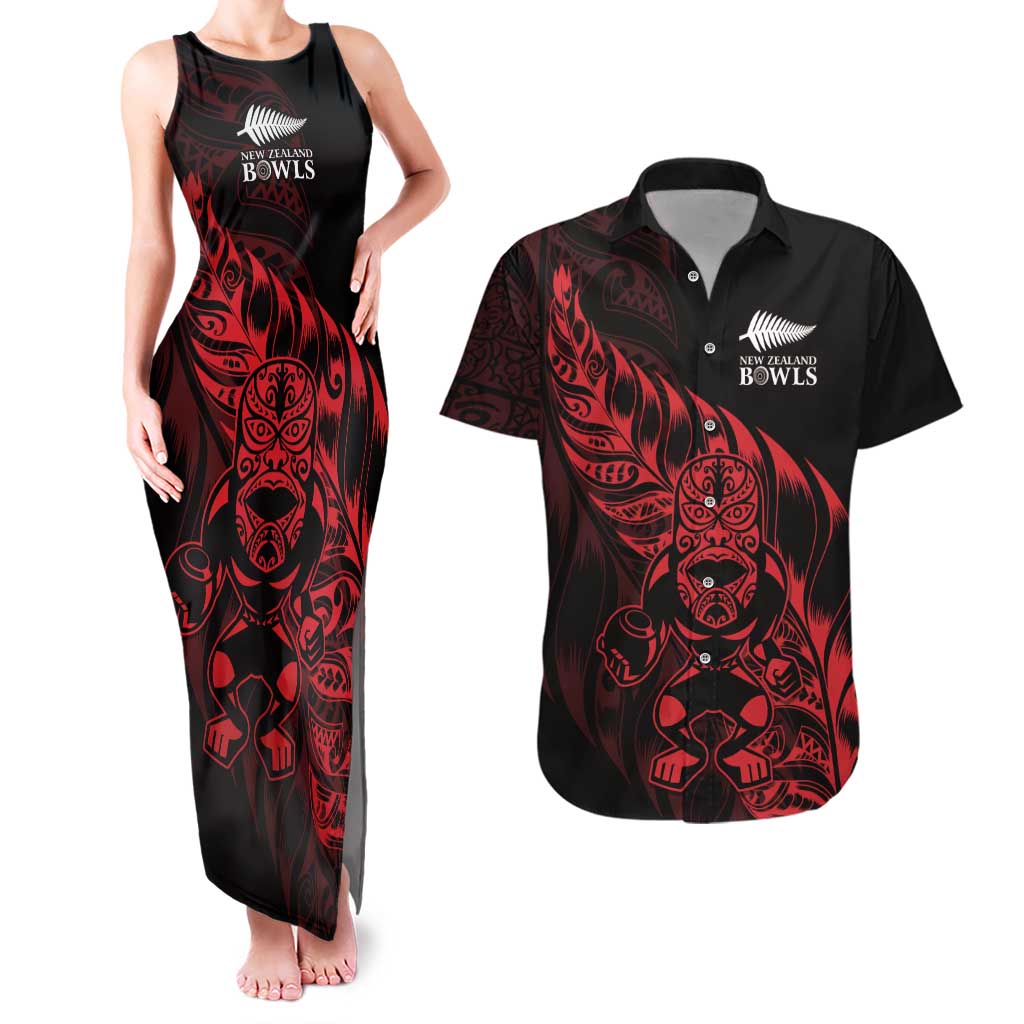New Zealand Lawn Bowls Custom Couples Matching Tank Maxi Dress and Hawaiian Shirt Red Maori Warrior Tribal Silver Fern LT9 Red - Polynesian Pride