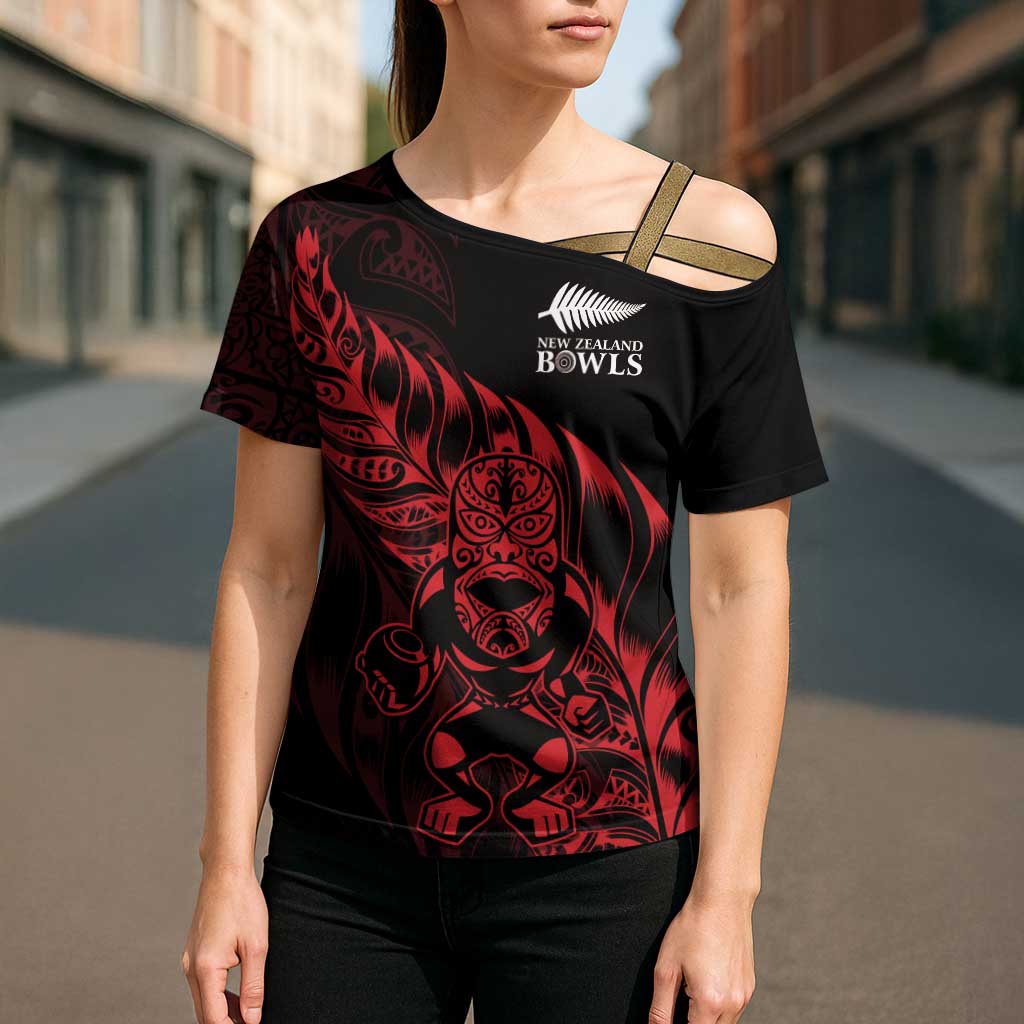 New Zealand Lawn Bowls Custom Cross Shoulder Shirt Red Maori Warrior Tribal Silver Fern LT9 - Polynesian Pride