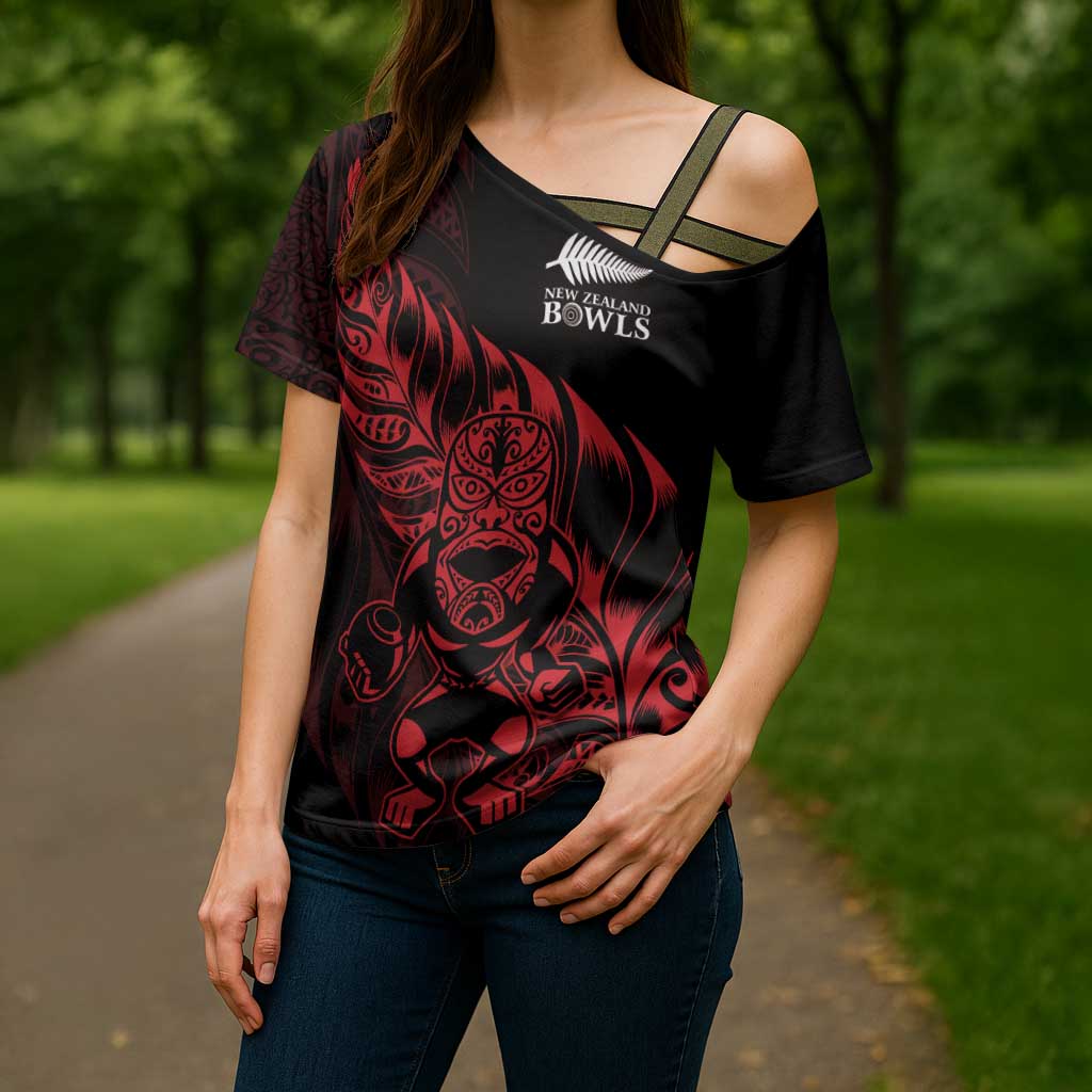 New Zealand Lawn Bowls Custom Cross Shoulder Shirt Red Maori Warrior Tribal Silver Fern LT9 - Polynesian Pride