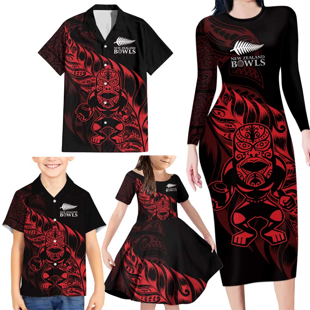 New Zealand Lawn Bowls Custom Family Matching Long Sleeve Bodycon Dress and Hawaiian Shirt Red Maori Warrior Tribal Silver Fern LT9 - Polynesian Pride