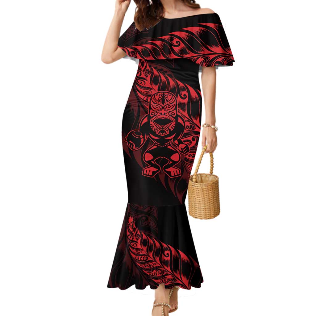 New Zealand Lawn Bowls Custom Family Matching Mermaid Dress and Hawaiian Shirt Red Maori Warrior Tribal Silver Fern LT9 Mom's Dress Red - Polynesian Pride