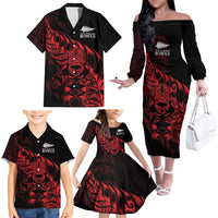 New Zealand Lawn Bowls Custom Family Matching Off The Shoulder Long Sleeve Dress and Hawaiian Shirt Red Maori Warrior Tribal Silver Fern LT9 - Polynesian Pride