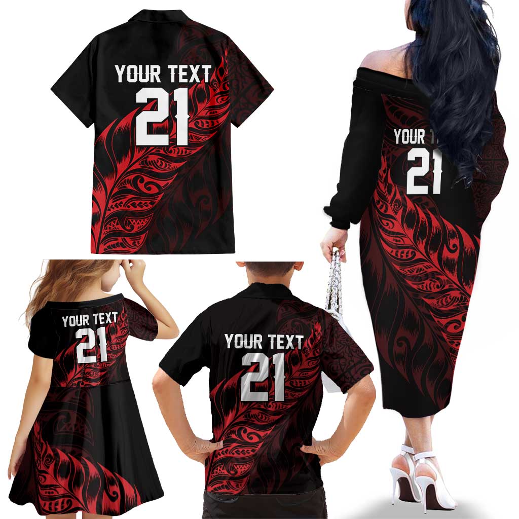 New Zealand Lawn Bowls Custom Family Matching Off The Shoulder Long Sleeve Dress and Hawaiian Shirt Red Maori Warrior Tribal Silver Fern LT9 - Polynesian Pride