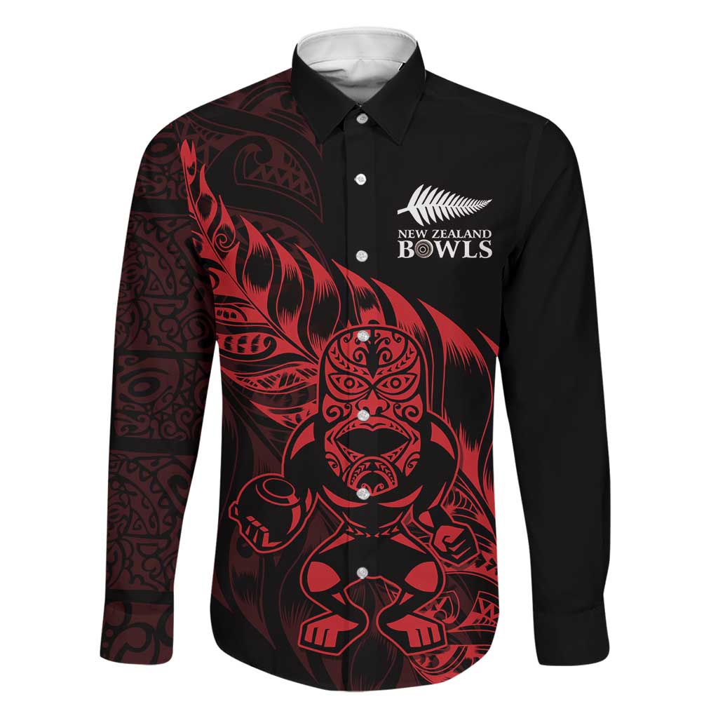 New Zealand Lawn Bowls Custom Family Matching Off The Shoulder Long Sleeve Dress and Hawaiian Shirt Red Maori Warrior Tribal Silver Fern LT9 Dad's Shirt - Long Sleeve Red - Polynesian Pride