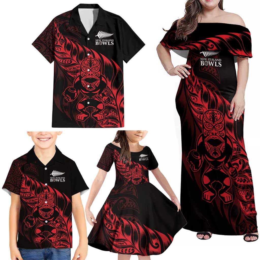 New Zealand Lawn Bowls Custom Family Matching Off Shoulder Maxi Dress and Hawaiian Shirt Red Maori Warrior Tribal Silver Fern - Polynesian Pride