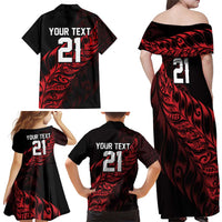 New Zealand Lawn Bowls Custom Family Matching Off Shoulder Maxi Dress and Hawaiian Shirt Red Maori Warrior Tribal Silver Fern LT9 - Polynesian Pride