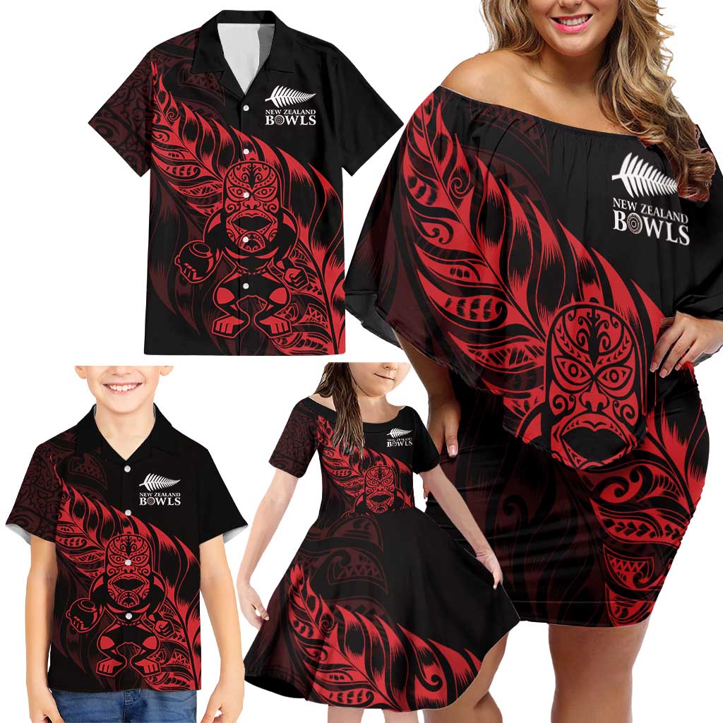 New Zealand Lawn Bowls Custom Family Matching Off Shoulder Short Dress and Hawaiian Shirt Red Maori Warrior Tribal Silver Fern - Polynesian Pride